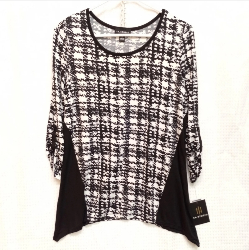 NWT Sz Medium I.N. STUDIO Black White Pattern 3/4 Sleeve Stretch Tunic Blouse